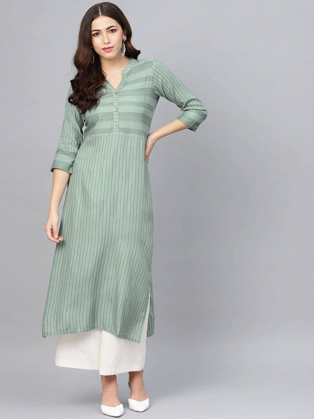 Women Green Striped Straight Kurta | KDG - view 1