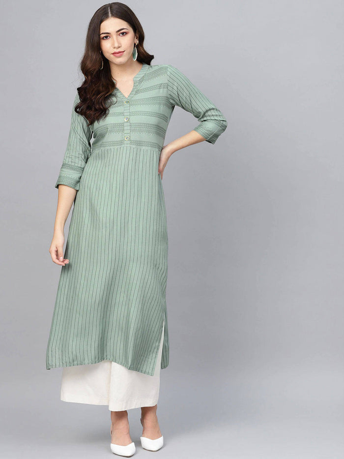 Women Green Striped Straight Kurta | FY93 - view 1