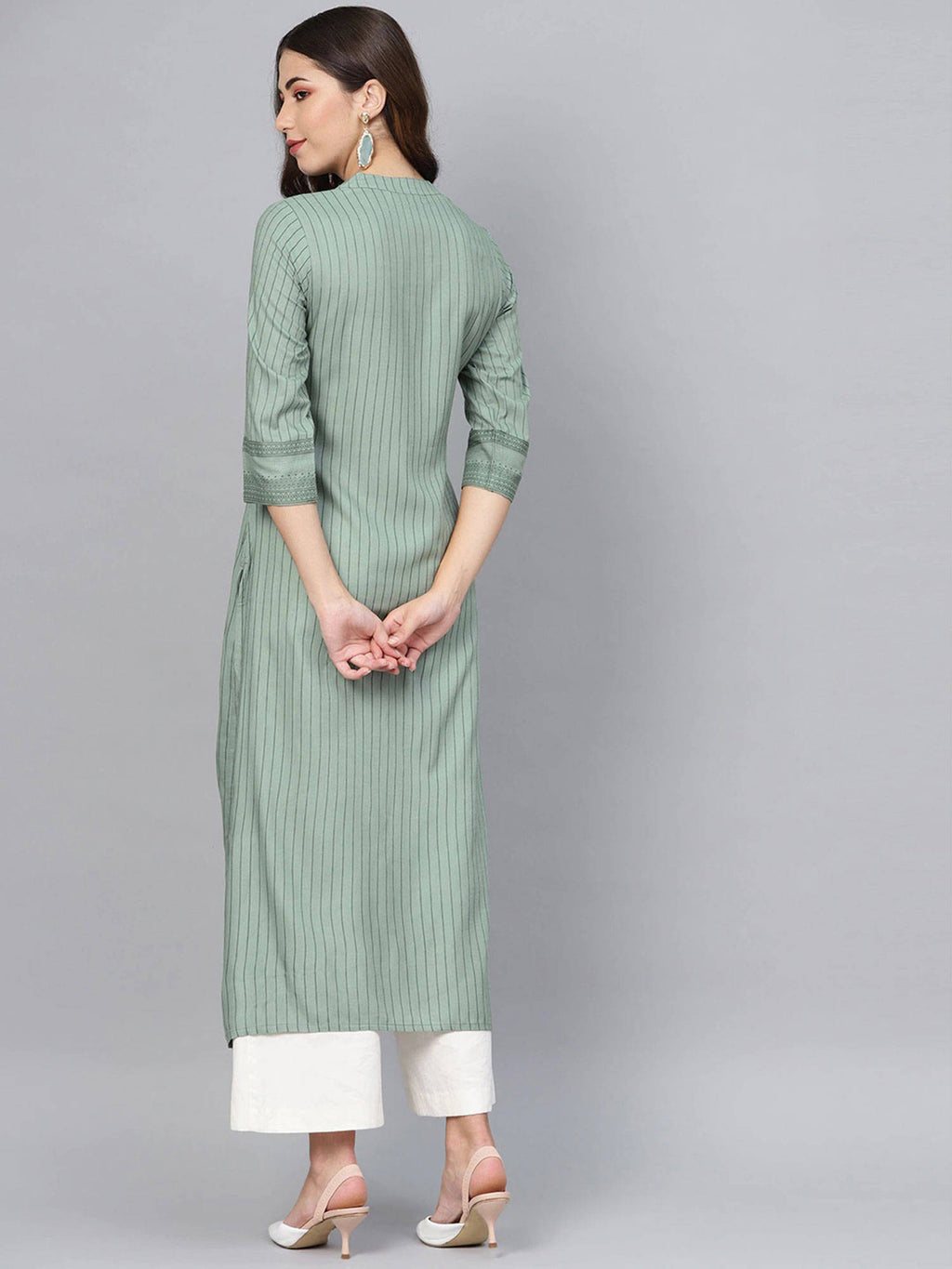 Women Green Striped Straight Kurta | KDG - view 3