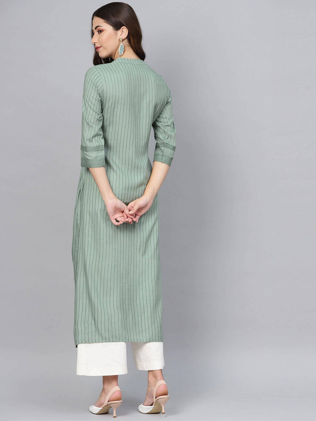Women Green Striped Straight Kurta | KDG - view 3