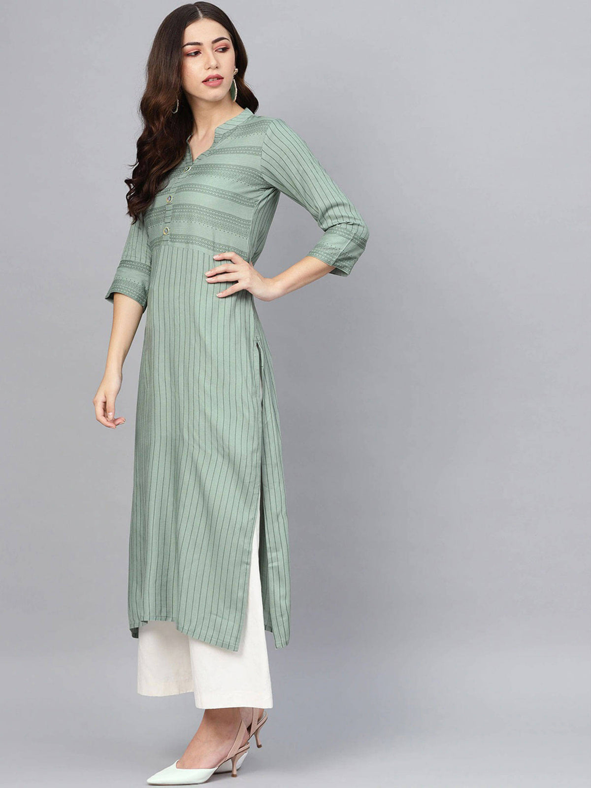 Women Green Striped Straight Kurta | KDG - view 4
