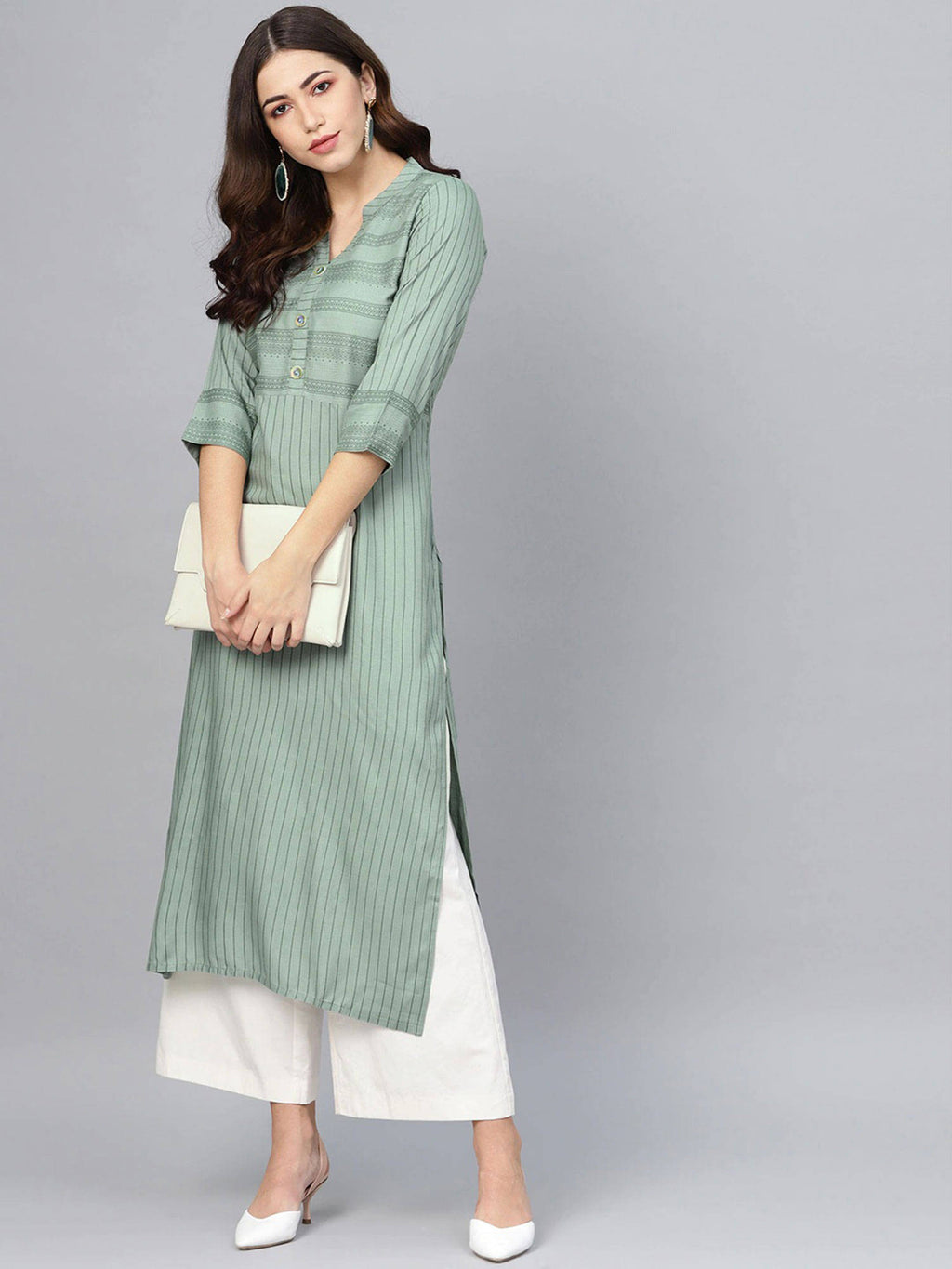 Women Green Striped Straight Kurta | KDG - view 5