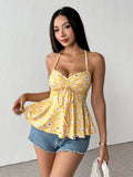 Yellow Halter Neck Front Ruched Top | HT67 - view 1