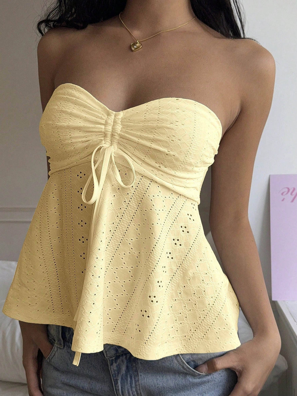 Yellow Strapless Self Design Knit Front Ruched Top | TT90 - view 1