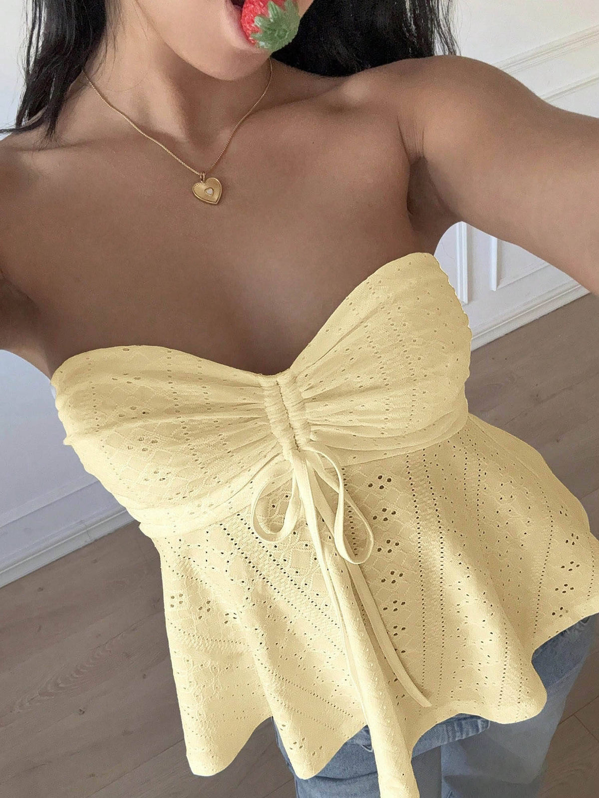 Yellow Strapless Self Design Knit Front Ruched Top | TT90 - view 3