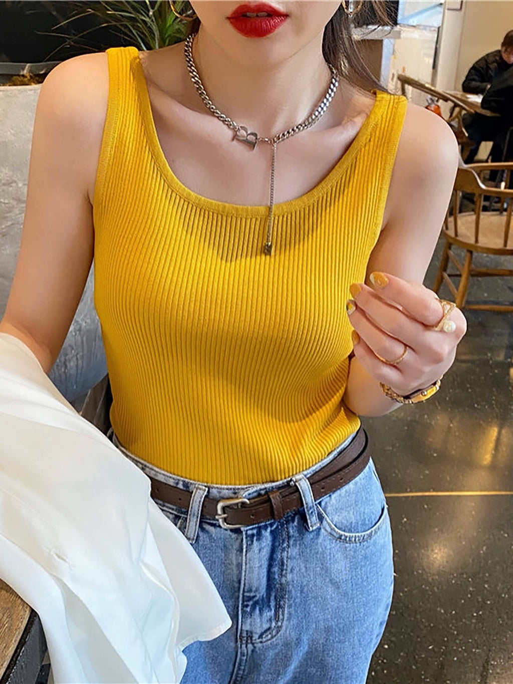White Solid Round Neck Tank Top | TT98 - view 7