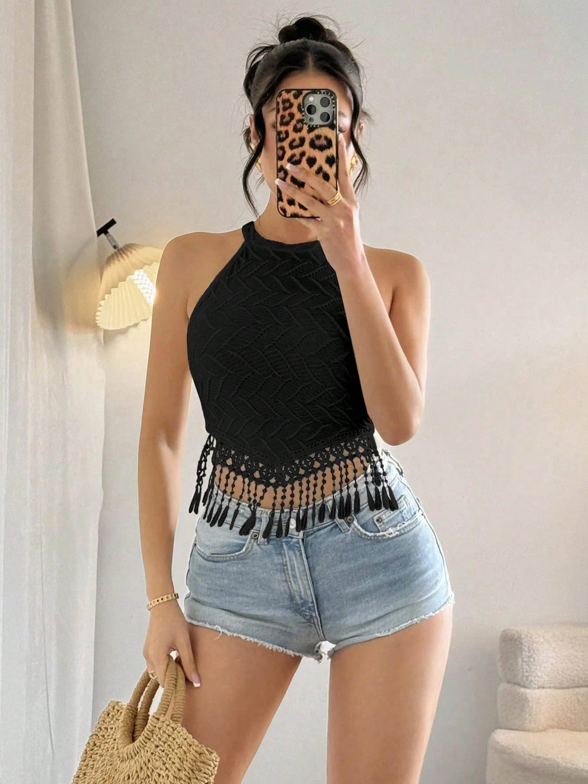 Black Textured Knit Tassel Hanging Top | HT67 - view 3