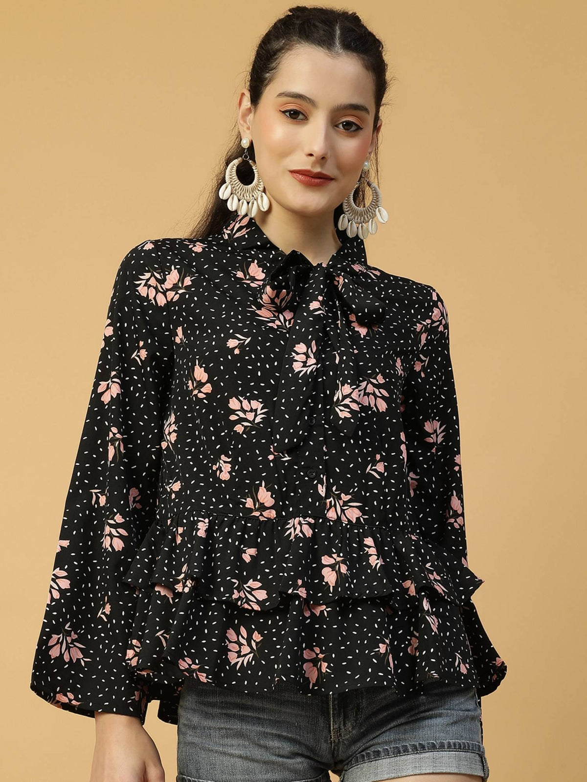 Women Black Floral Print Round Neck With Tie-Up Detail Peplum Top | pt51 - view 1