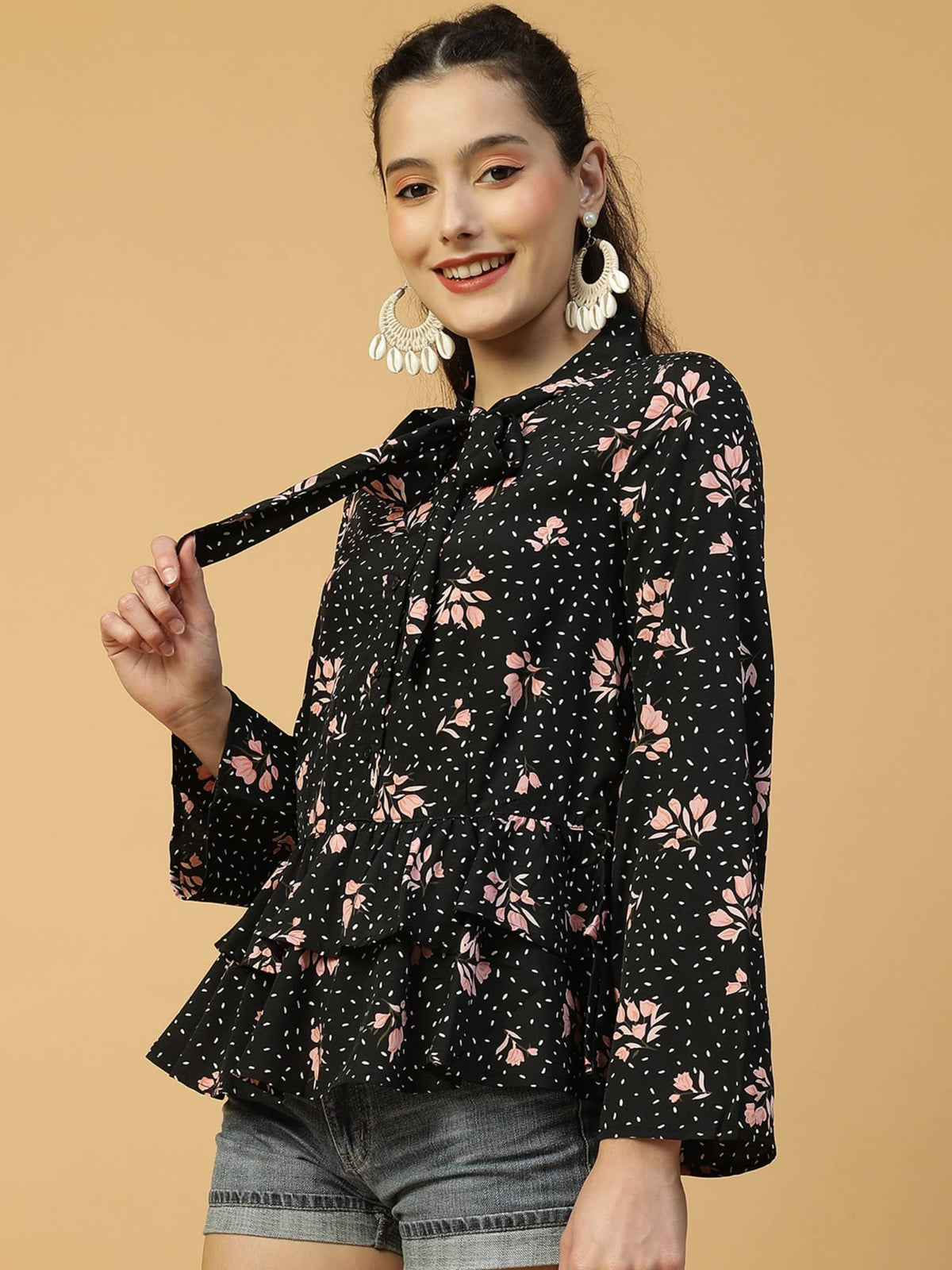 Women Black Floral Print Round Neck With Tie-Up Detail Peplum Top | pt51 - view 2