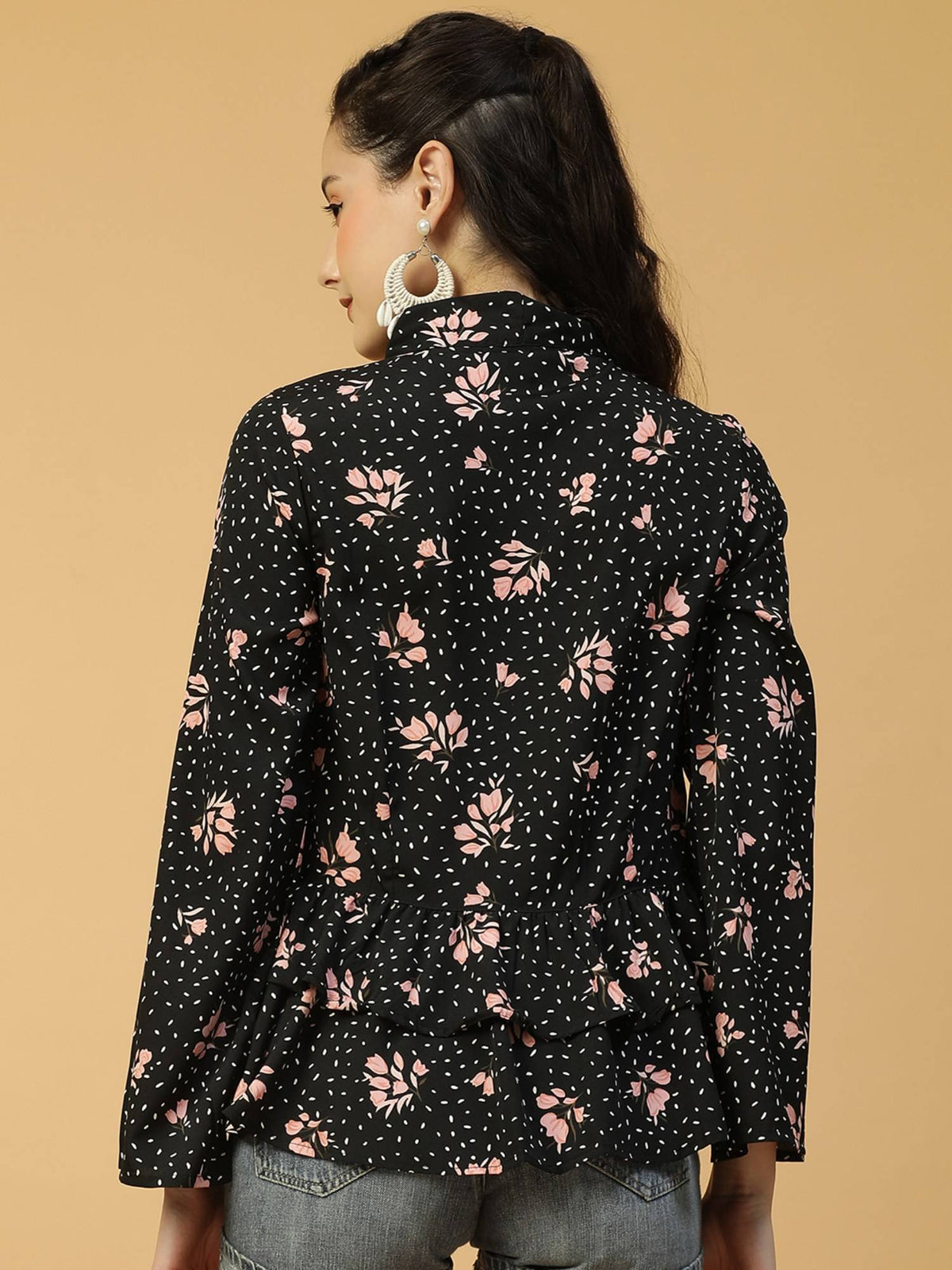 Women Black Floral Print Round Neck With Tie-Up Detail Peplum Top | pt51 - view 3