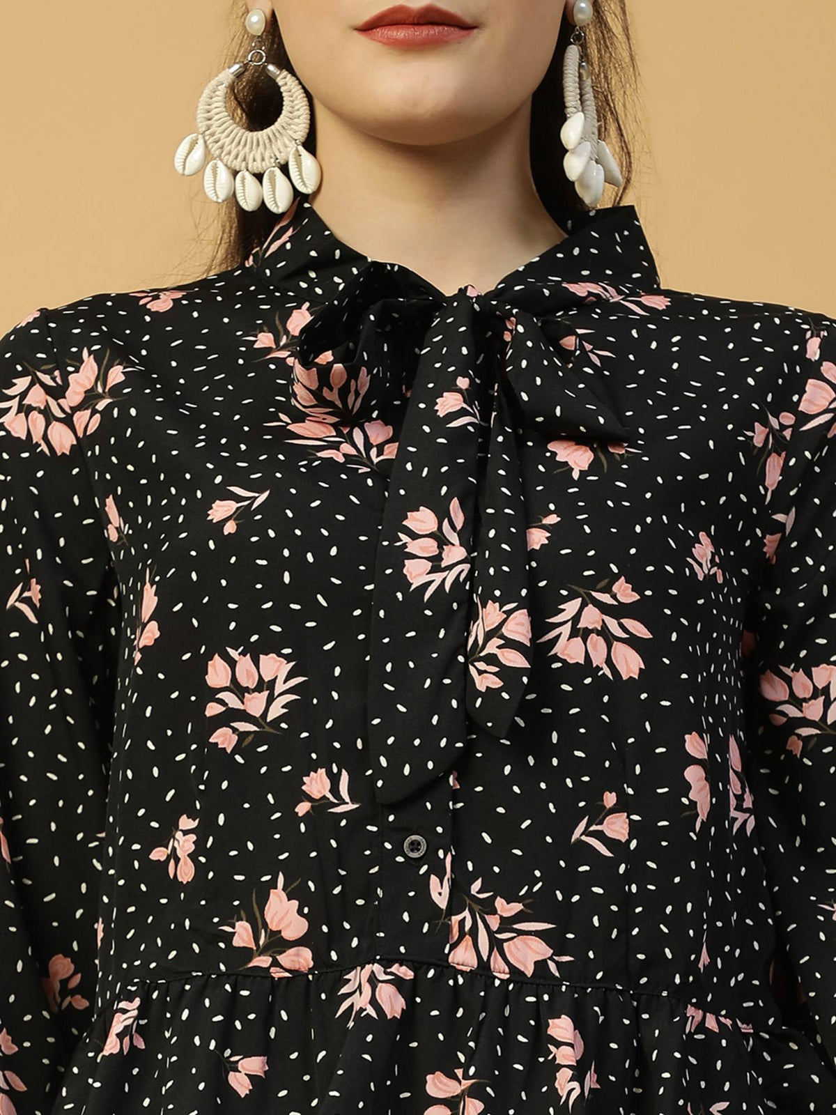 Women Black Floral Print Round Neck With Tie-Up Detail Peplum Top | pt51 - view 4