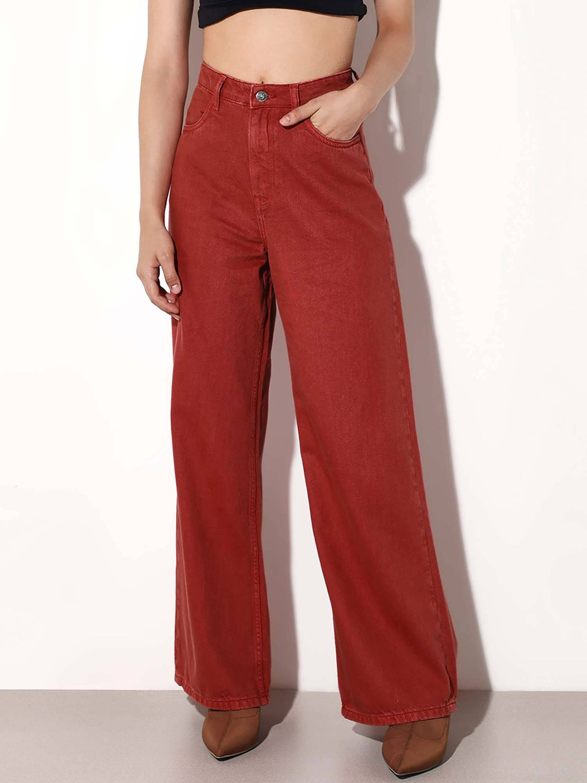 Womens Solid Wide Leg High-Rise Red Jeans | WL90 - view 1