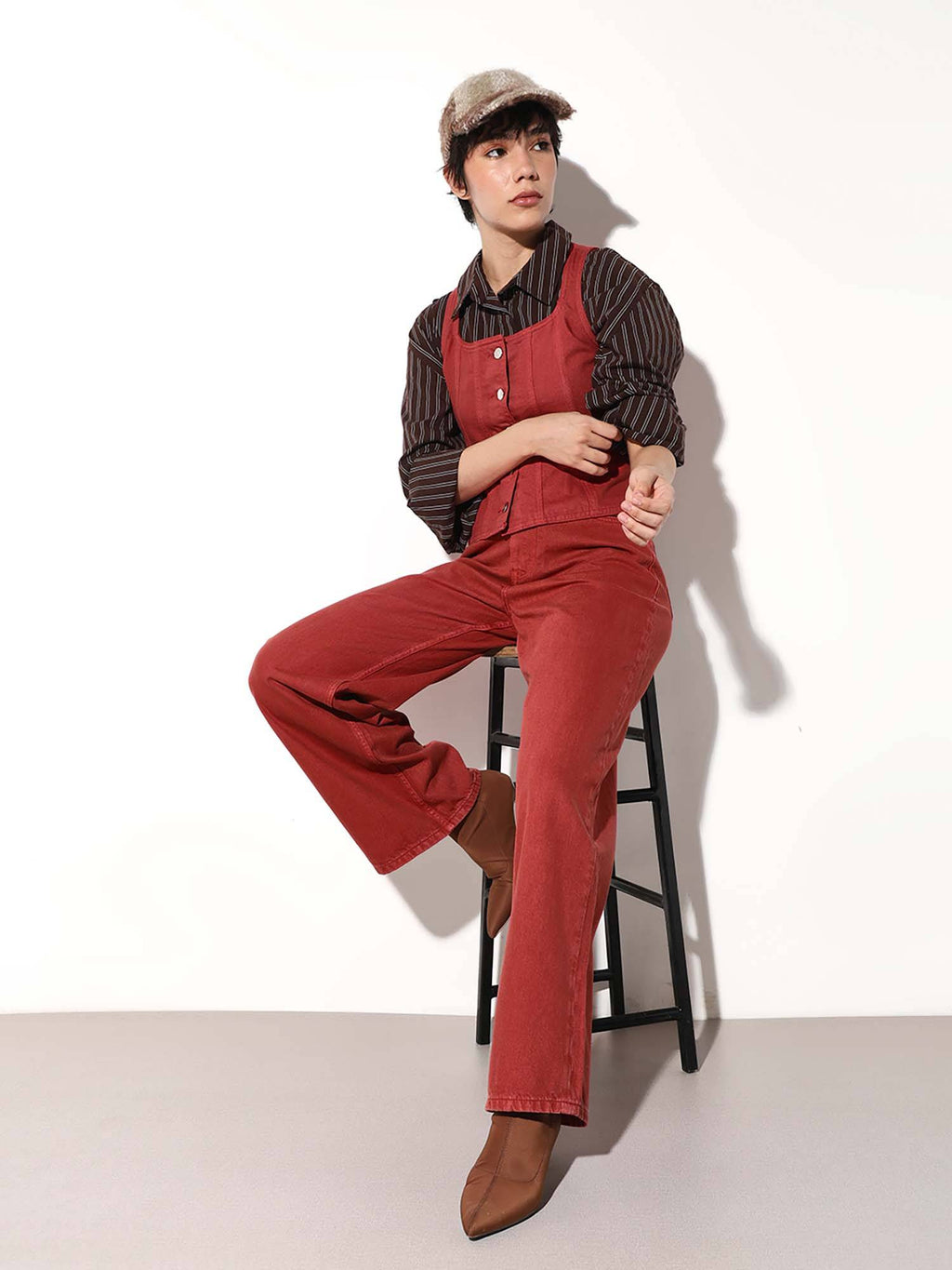 Womens Solid Wide Leg High-Rise Red Jeans | WL90 - view 2