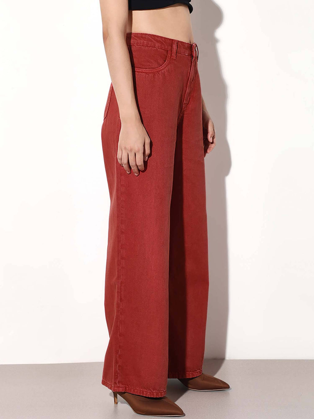 Womens Solid Wide Leg High-Rise Red Jeans | WL90 - view 4