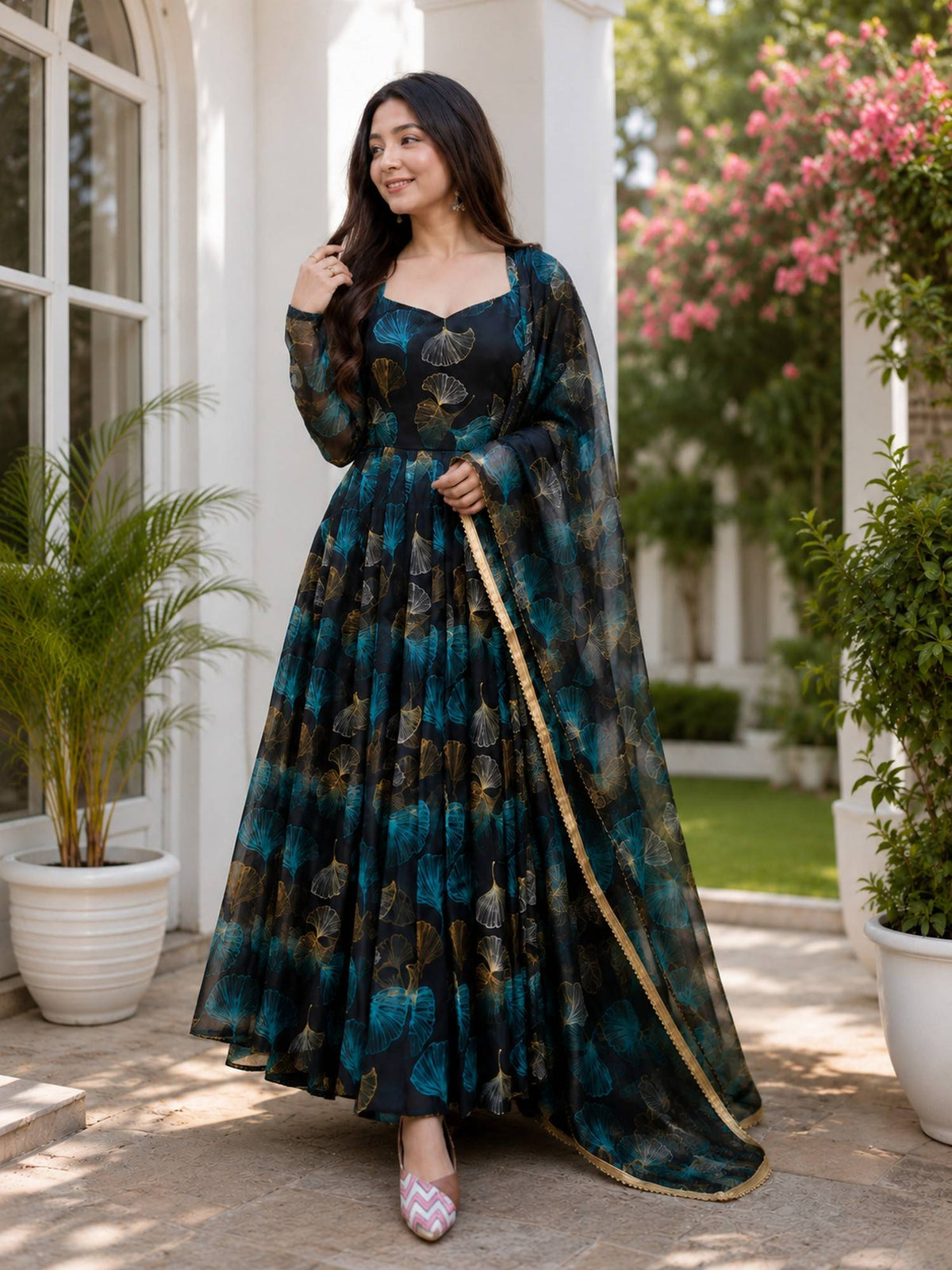 Blue Floral Printed Anarkali Gown with Dupatta | D56 - view 1