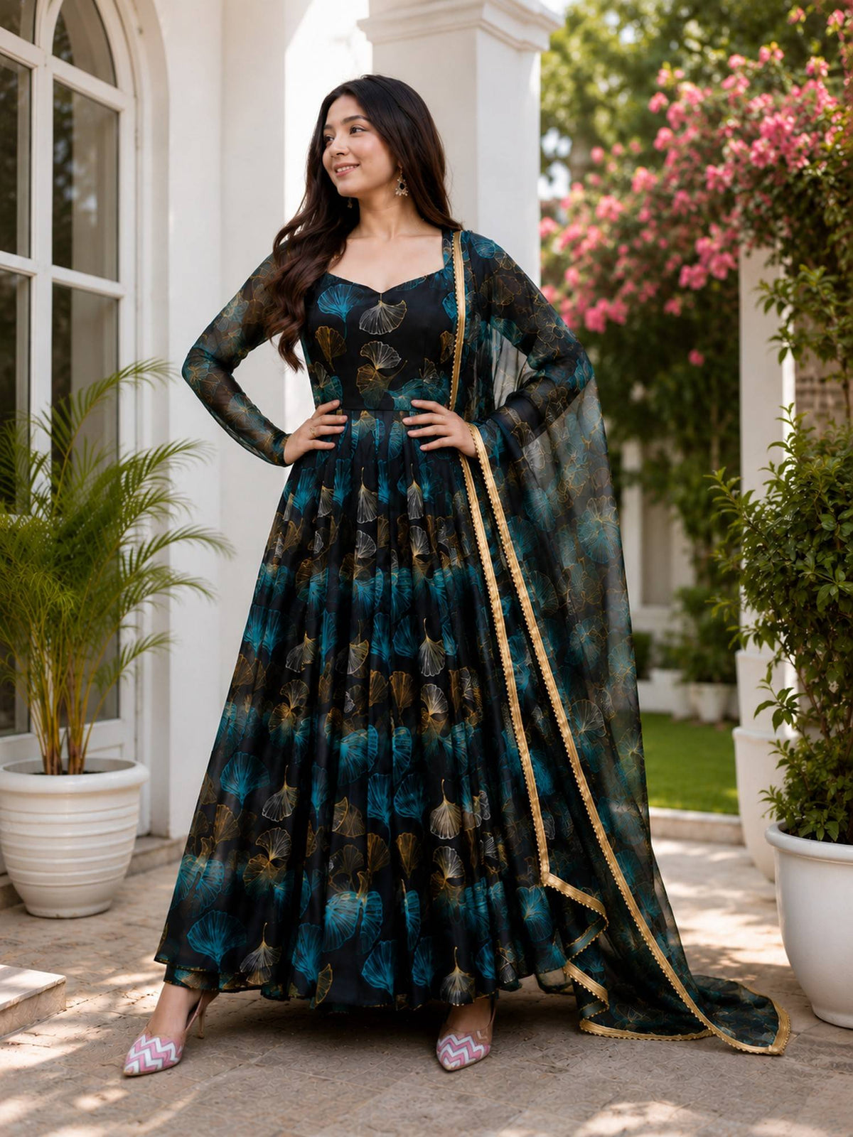 Blue Floral Printed Anarkali Gown with Dupatta | D56 - view 2