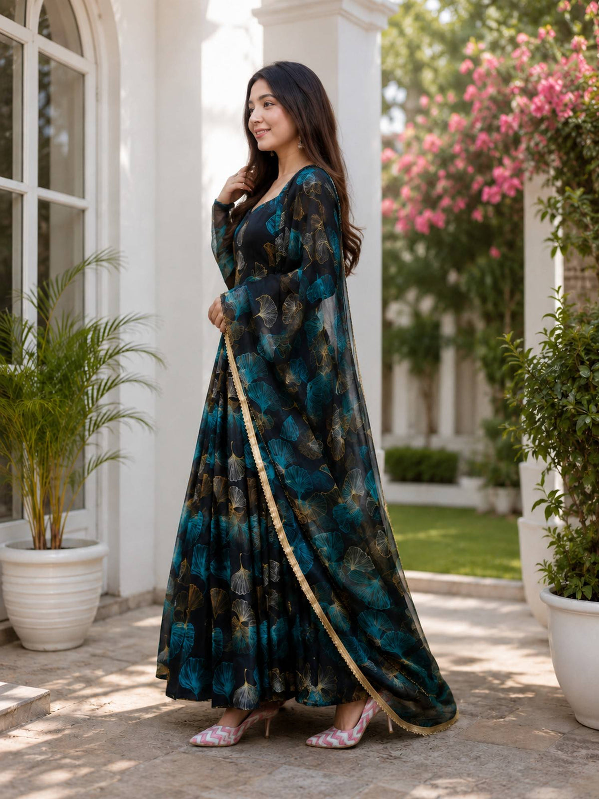 Blue Floral Printed Anarkali Gown with Dupatta | D56 - view 3