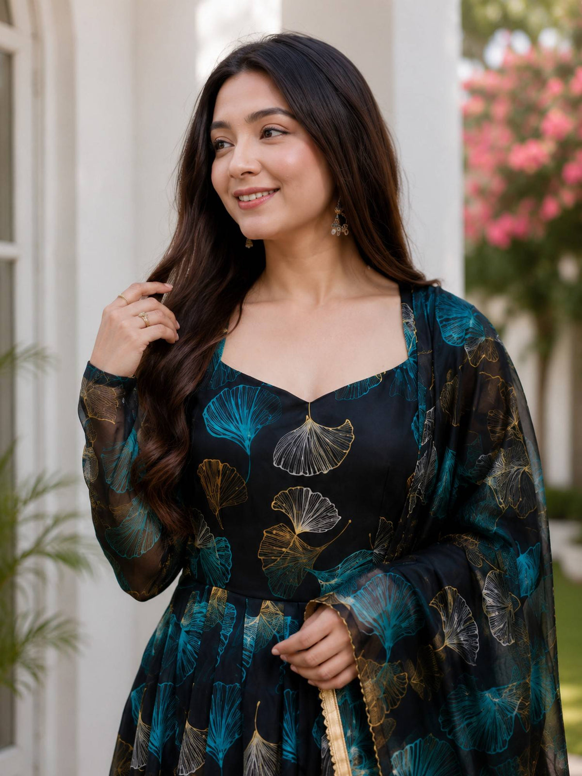 Blue Floral Printed Anarkali Gown with Dupatta | D56 - view 5