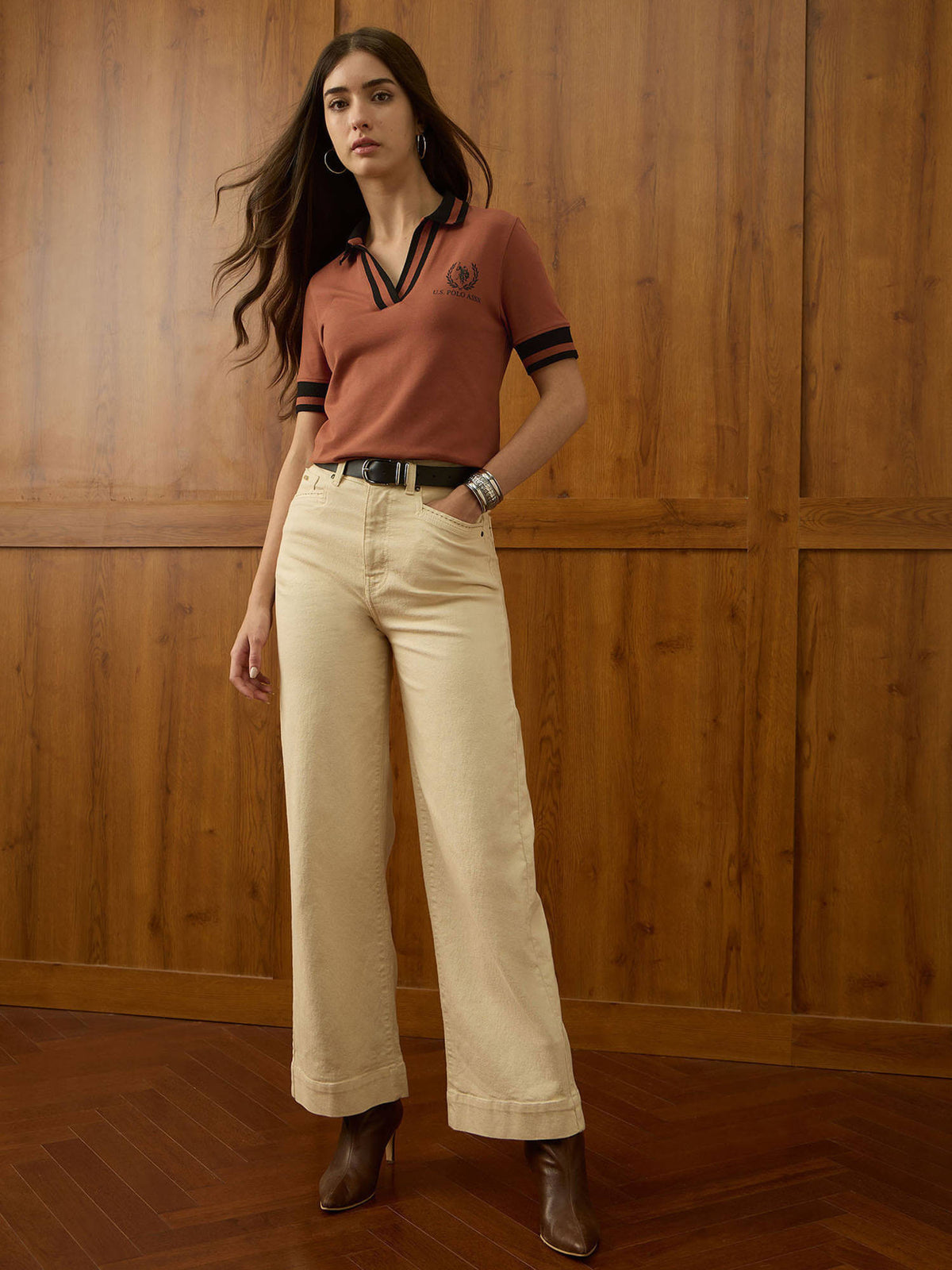 Women Brown Cotton Polo T-Shirt | U89 - view 3