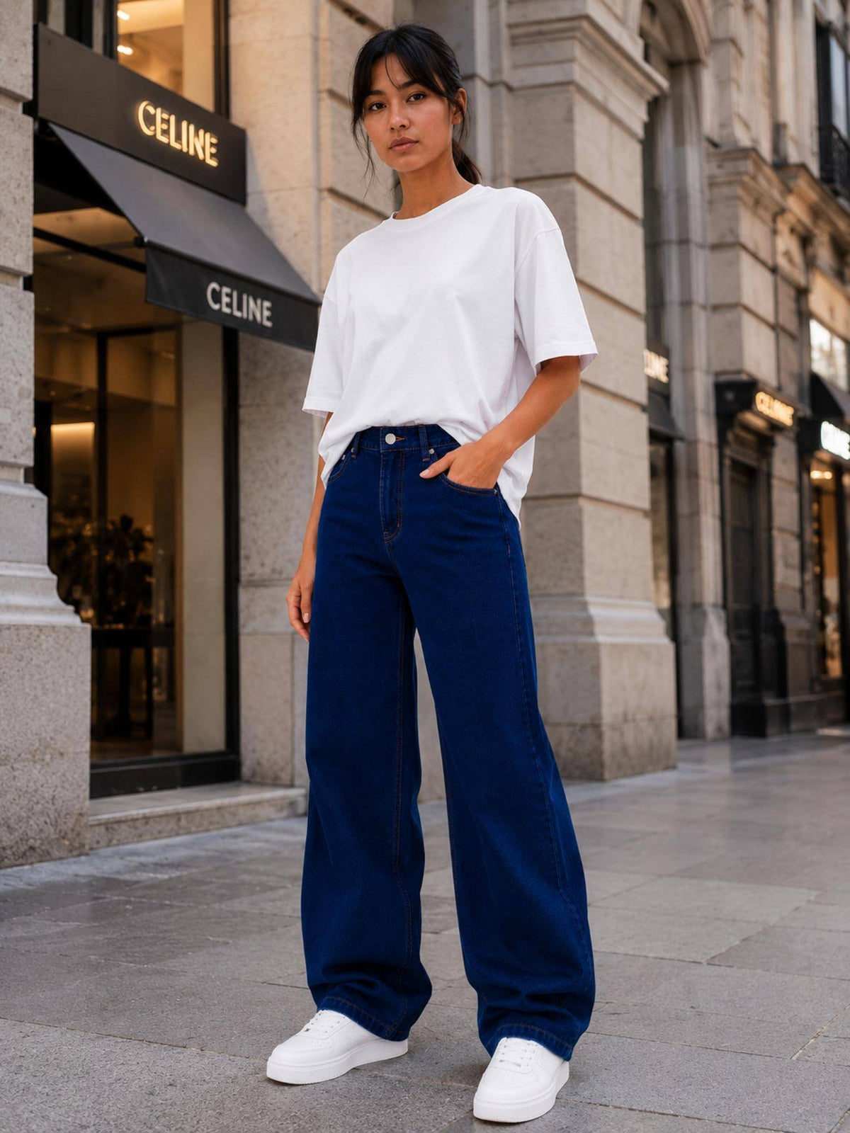 Women Streachable Navy Blue Wideleg High Rise Jeans | WL90 - view 5