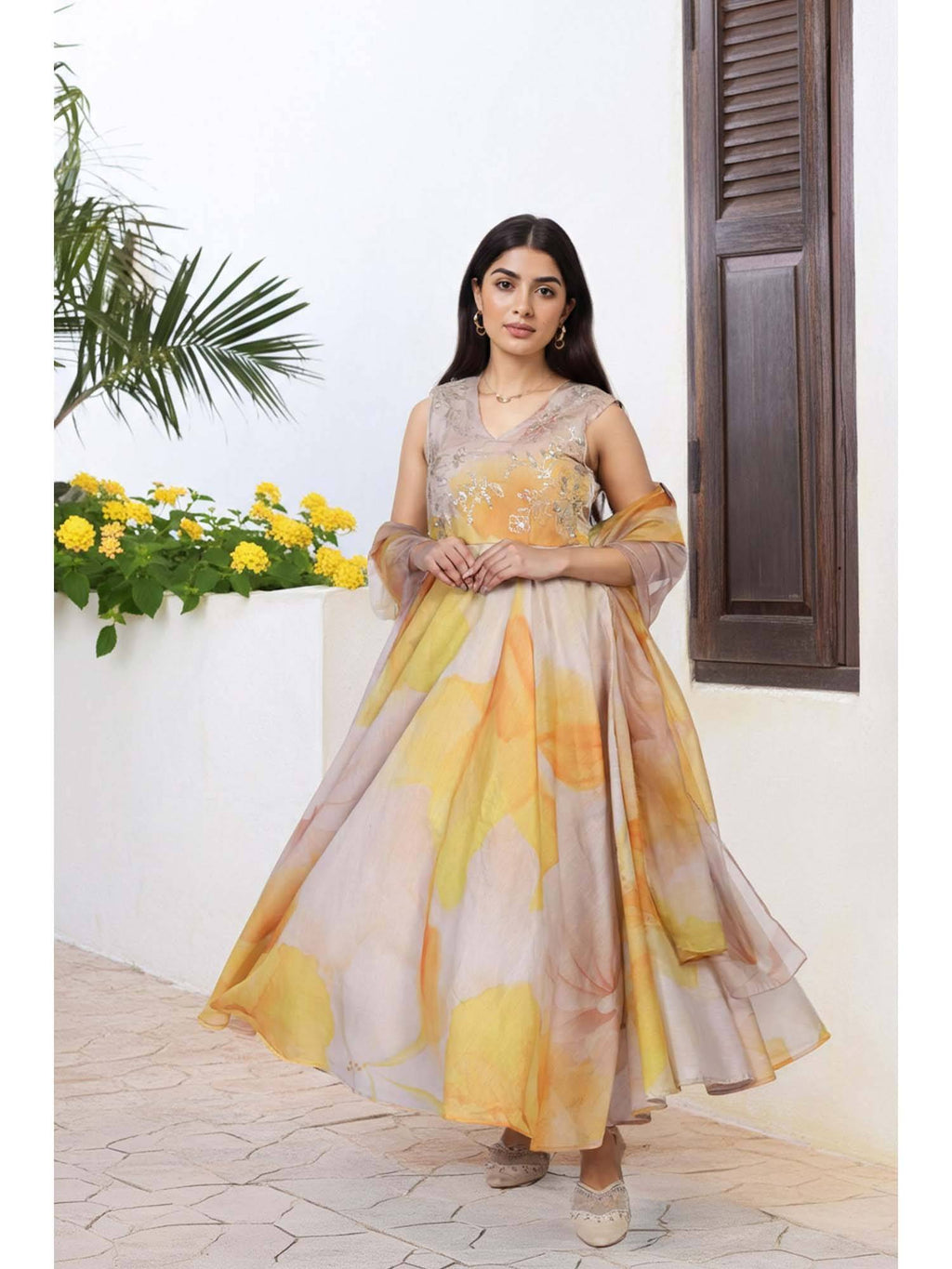 Floral Yellow Embellished Anarkali Organza Kurta with Dupatta | U3S - view 2