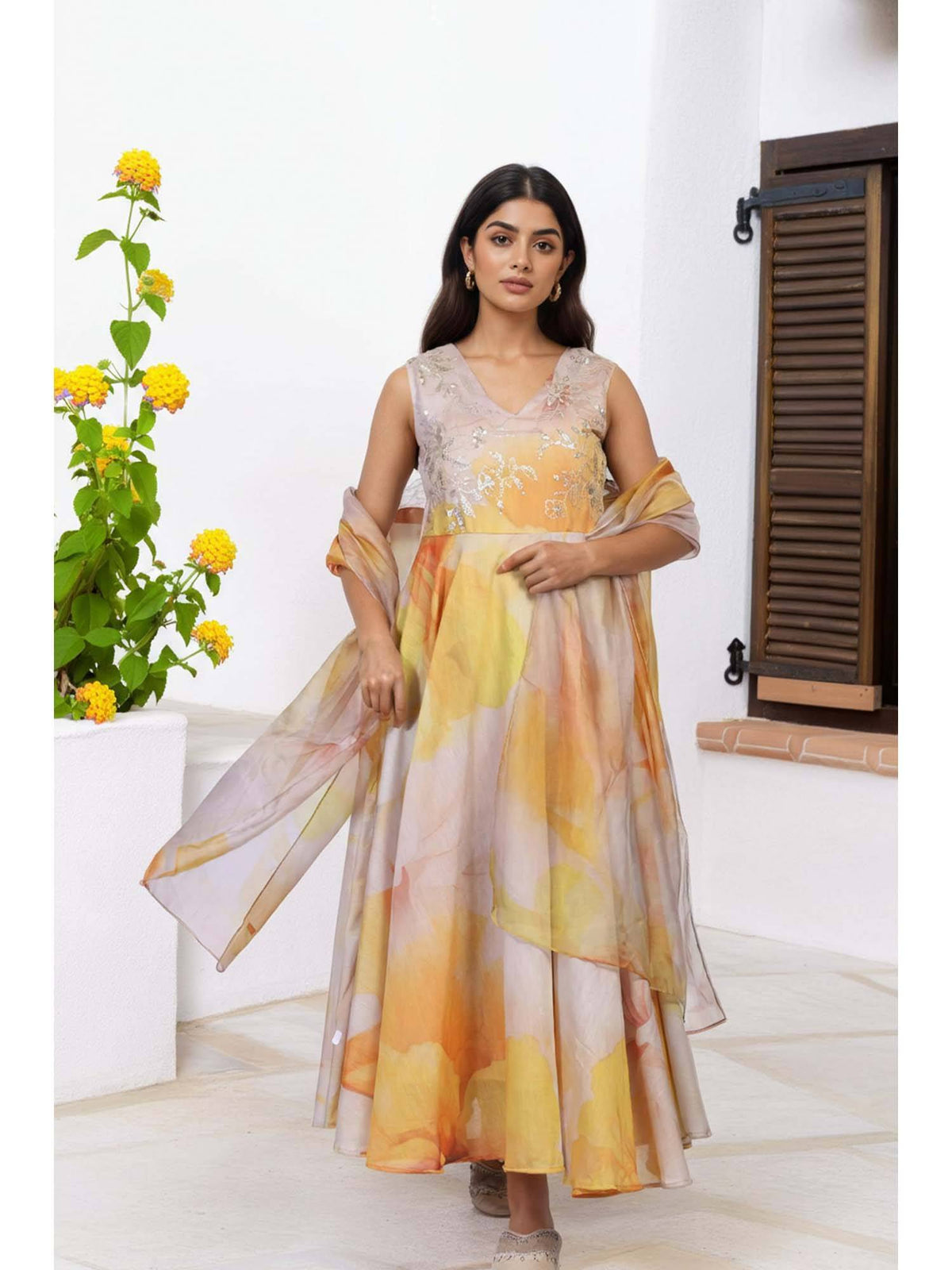 Floral Yellow Embellished Anarkali Organza Kurta with Dupatta | KDG - view 3