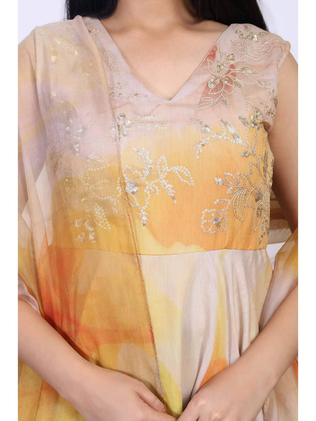 Floral Yellow Embellished Anarkali Organza Kurta with Dupatta | FY93 - view 4