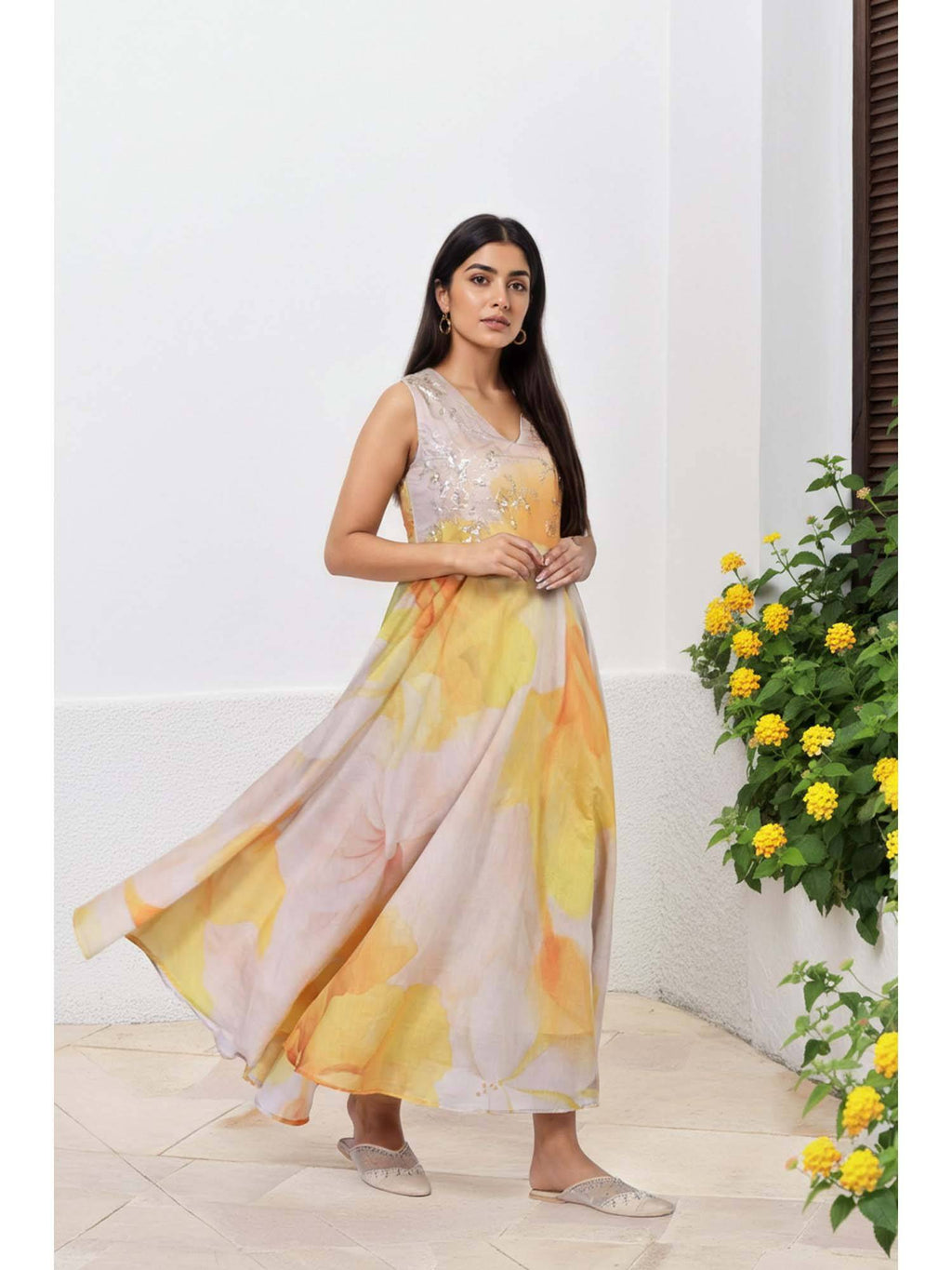 Floral Yellow Embellished Anarkali Organza Kurta with Dupatta | FY93 - view 5