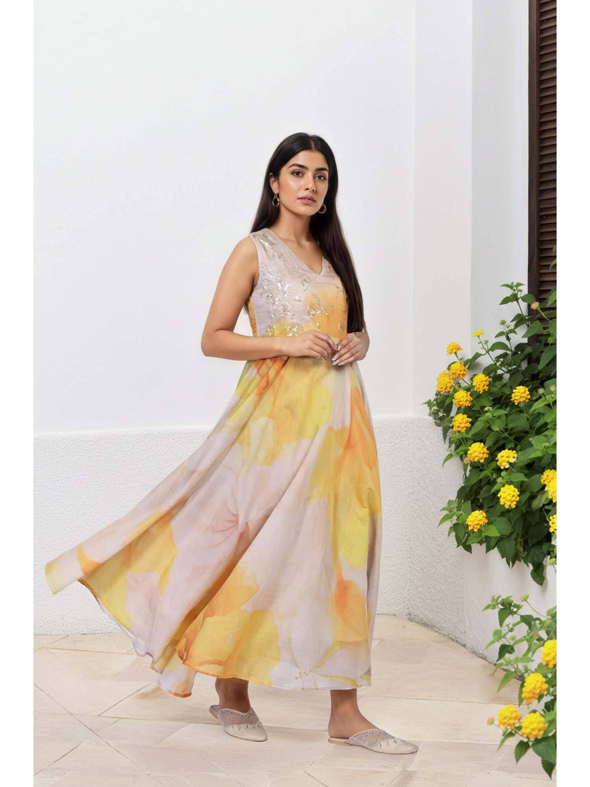 Floral Yellow Embellished Anarkali Organza Kurta with Dupatta | U3S - view 5