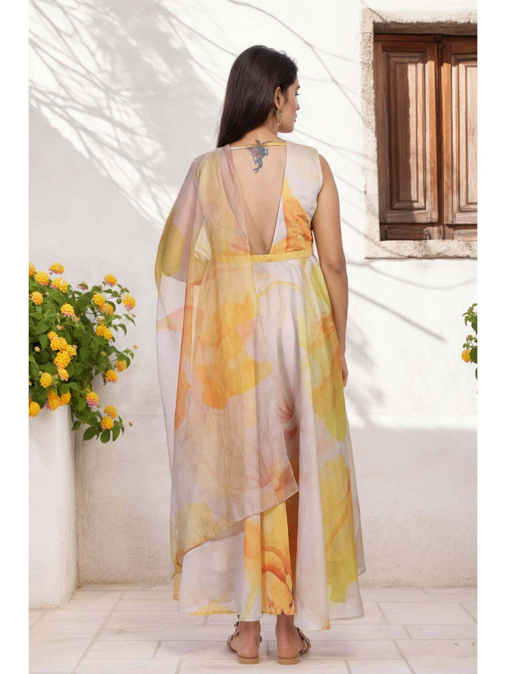 Floral Yellow Embellished Anarkali Organza Kurta with Dupatta | KDG - view 6