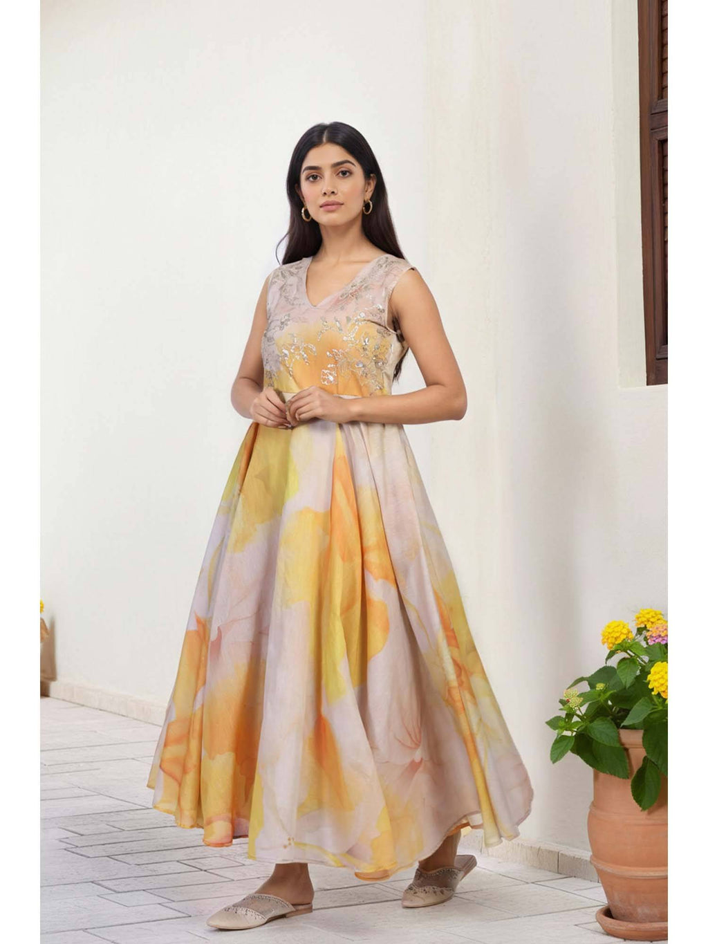 Floral Yellow Embellished Anarkali Organza Kurta with Dupatta | FY93 - view 7