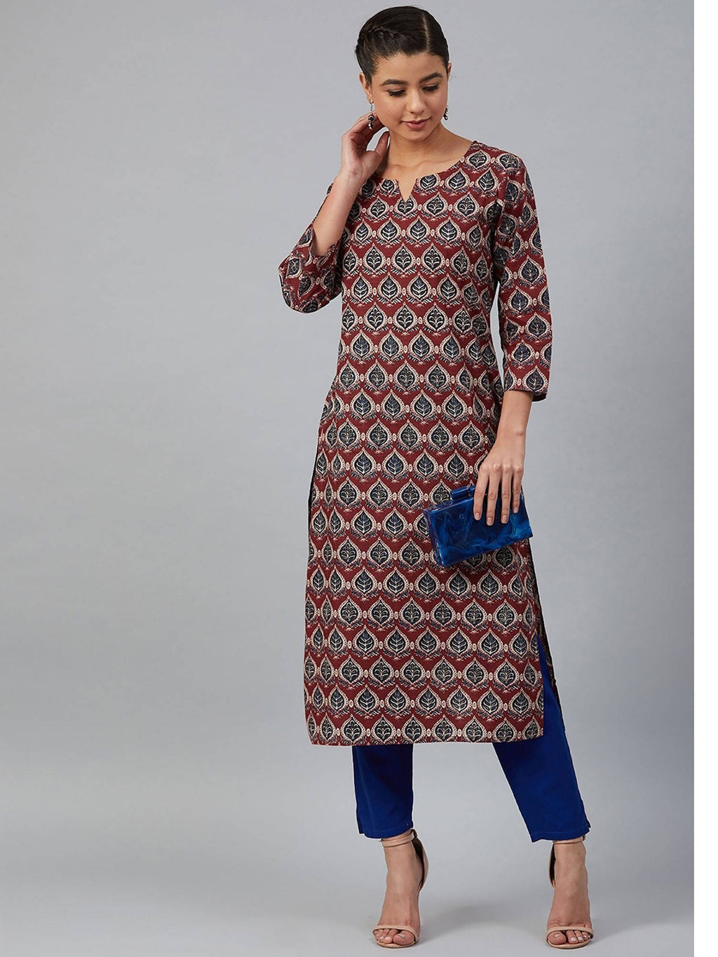 Maroon and Navy Blue Printed Straight Kurta | FY93 - view 4