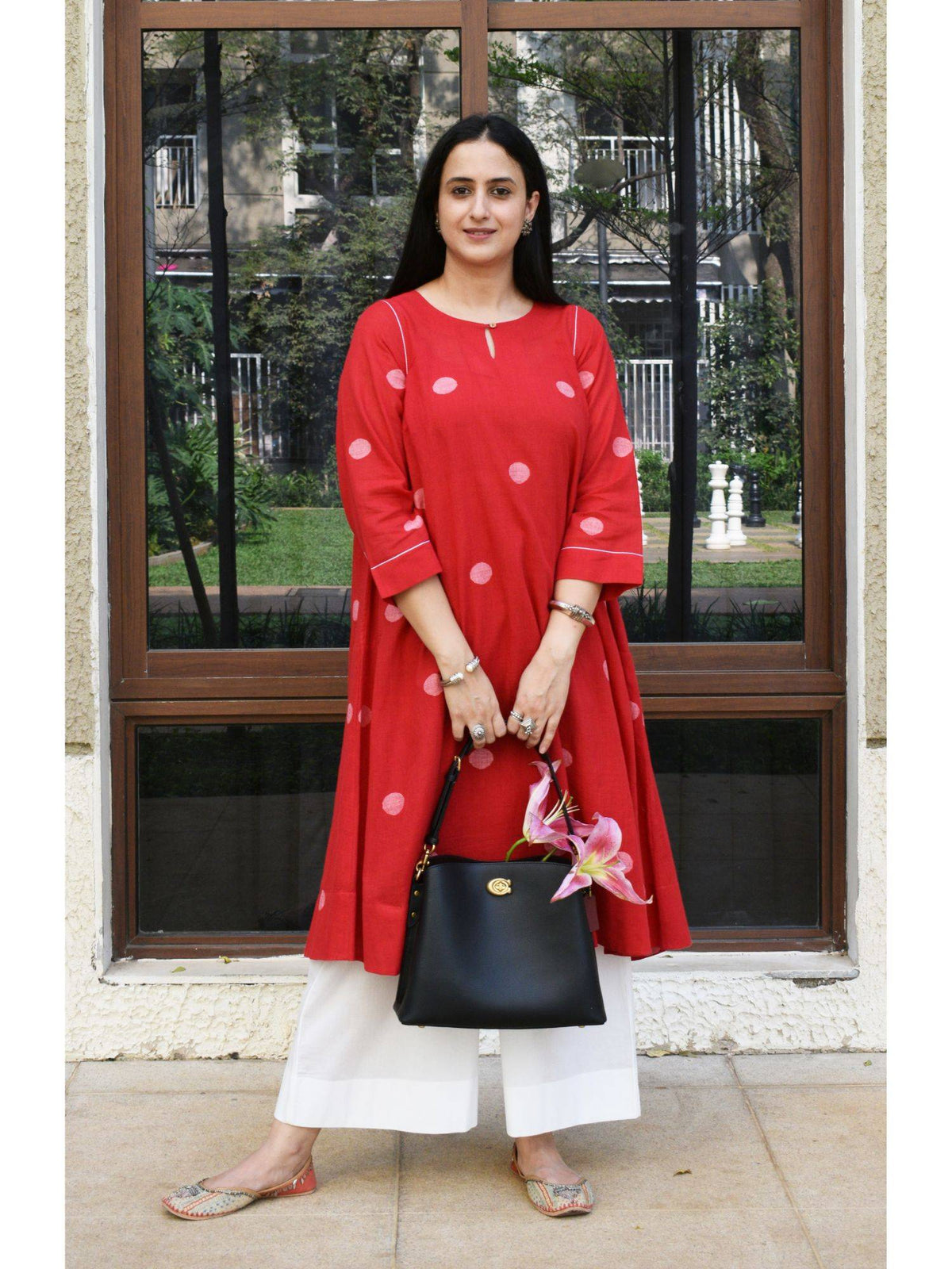 Red Polka Dot Jamdani Kurta With Side Gathers (Set of 2) | FY93 - view 8