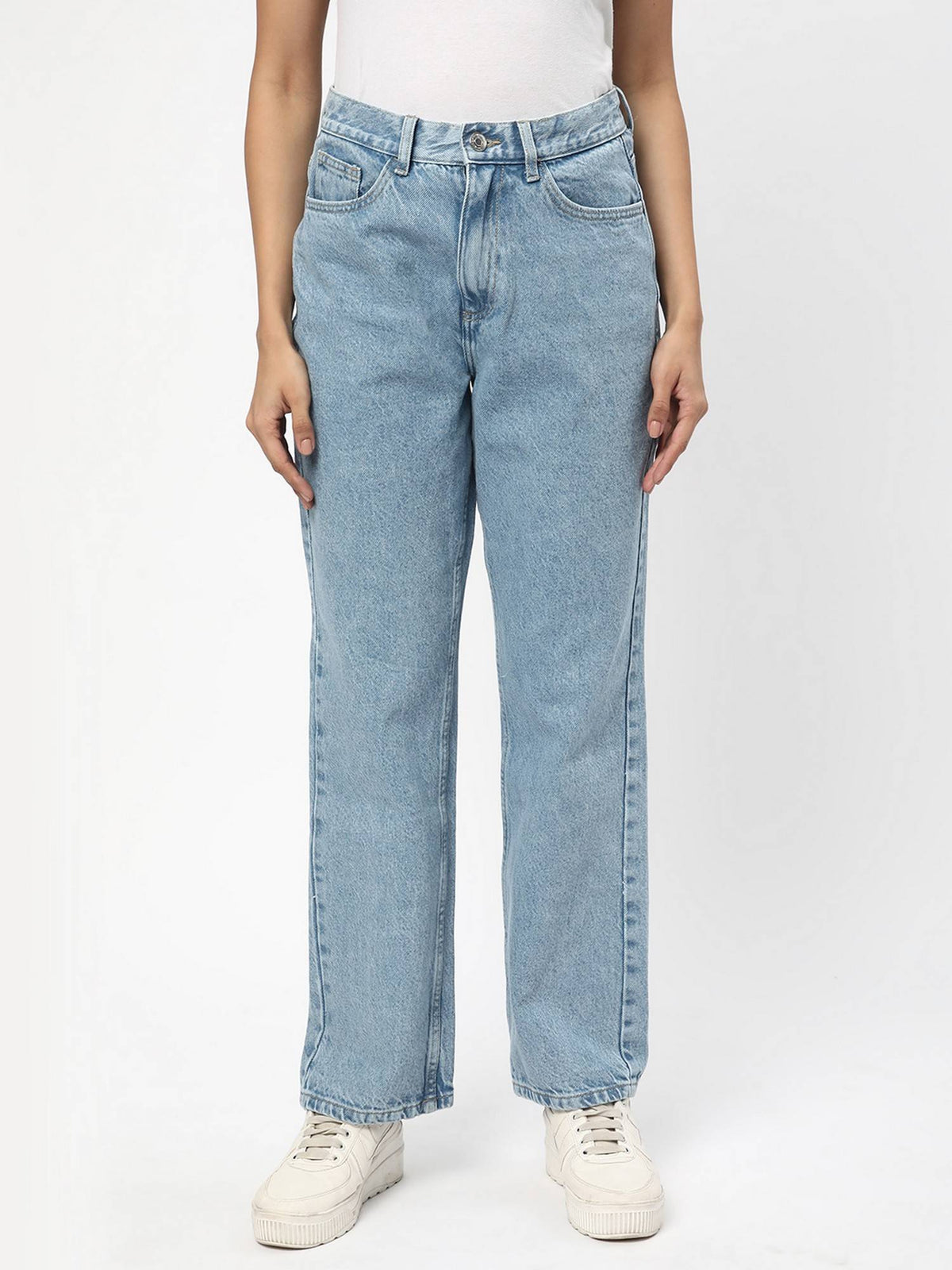 Women Cotton Solid Straight Blue Leg Mid Waist Jeans | RF89 - view 1