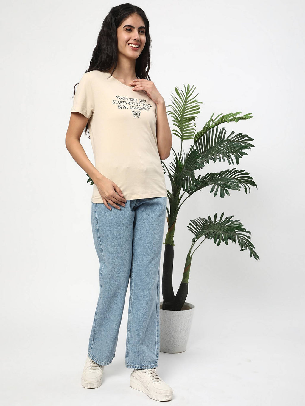 Women Cotton Solid Straight Blue Leg Mid Waist Jeans | RF89 - view 2
