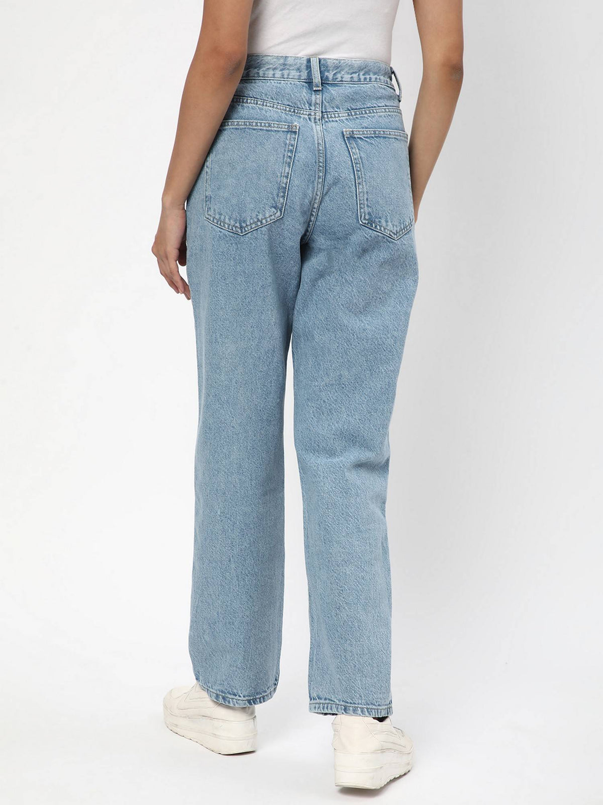 Women Cotton Solid Straight Blue Leg Mid Waist Jeans | RF89 - view 3