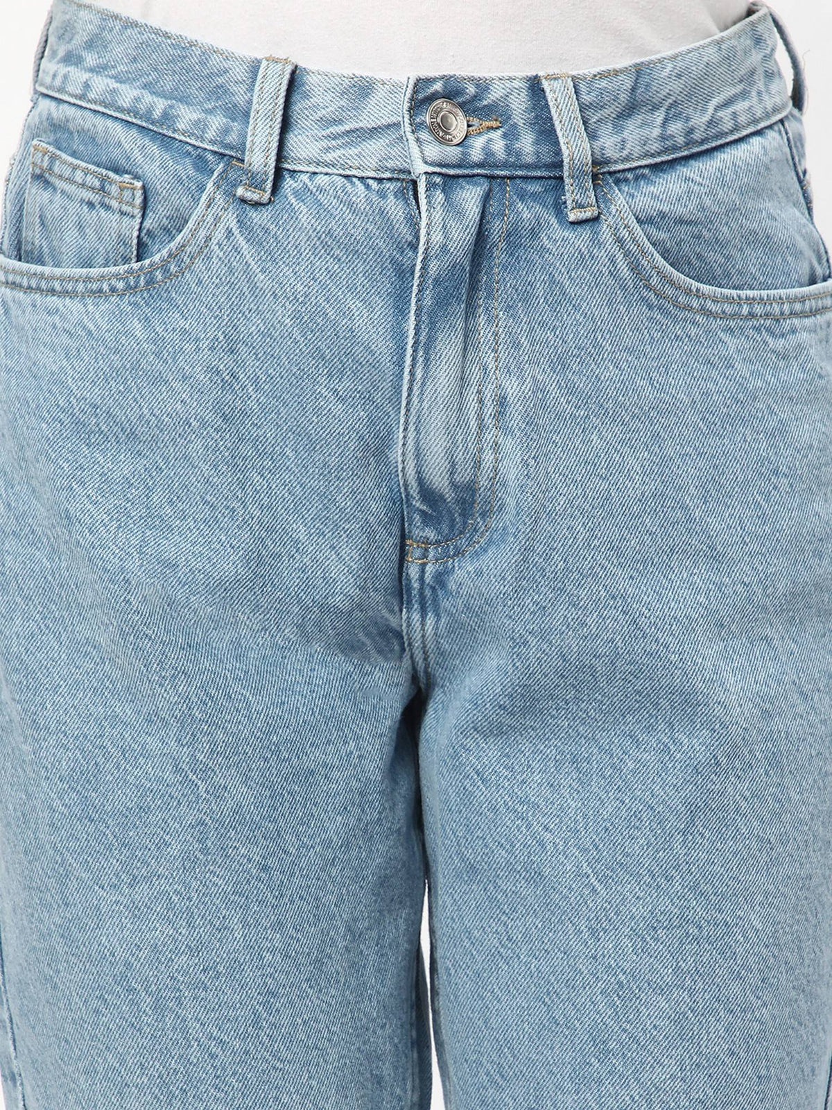 Women Cotton Solid Straight Blue Leg Mid Waist Jeans | RF89 - view 4