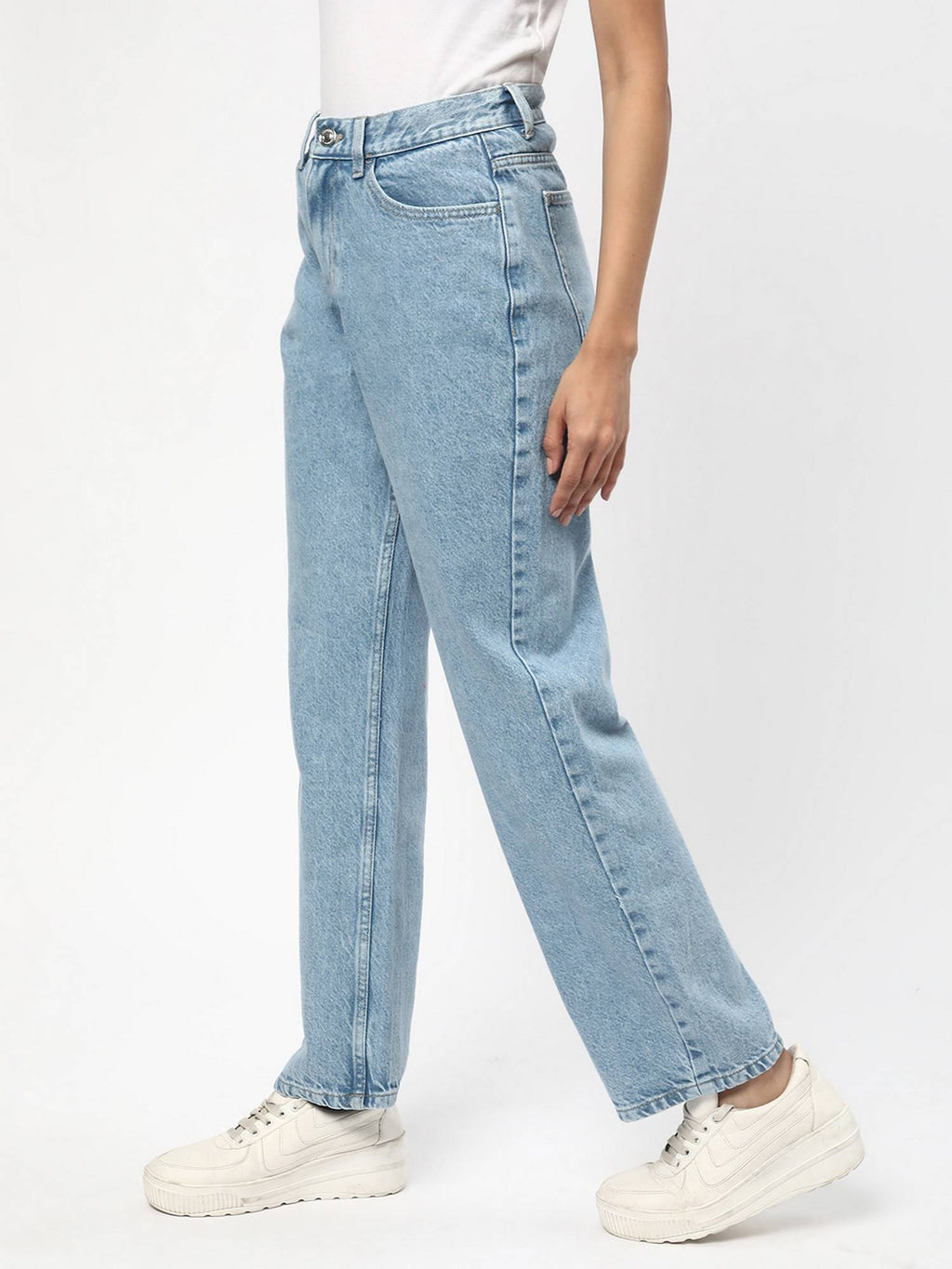Women Cotton Solid Straight Blue Leg Mid Waist Jeans | RF89 - view 6
