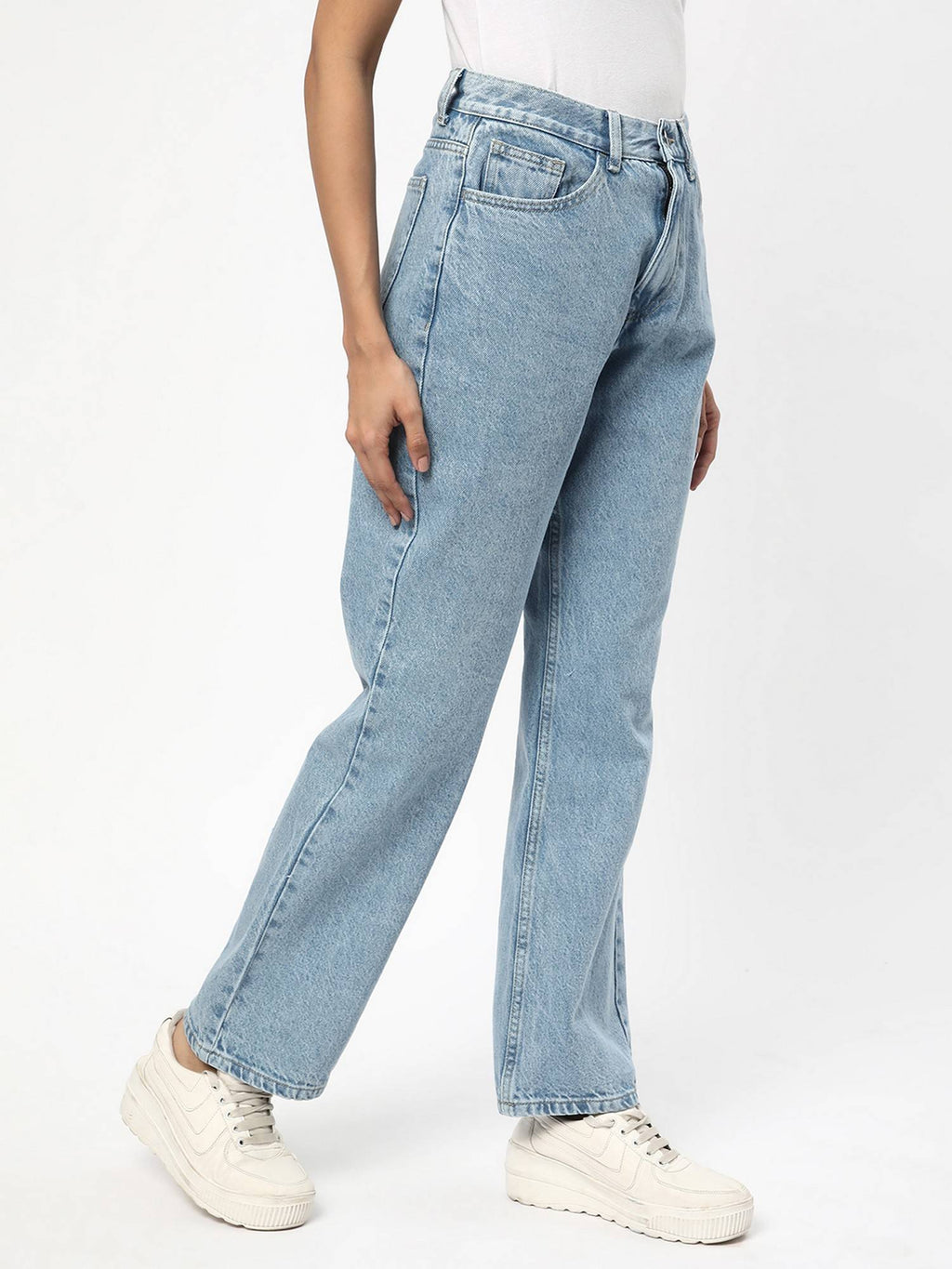 Women Cotton Solid Straight Blue Leg Mid Waist Jeans | RF89 - view 7