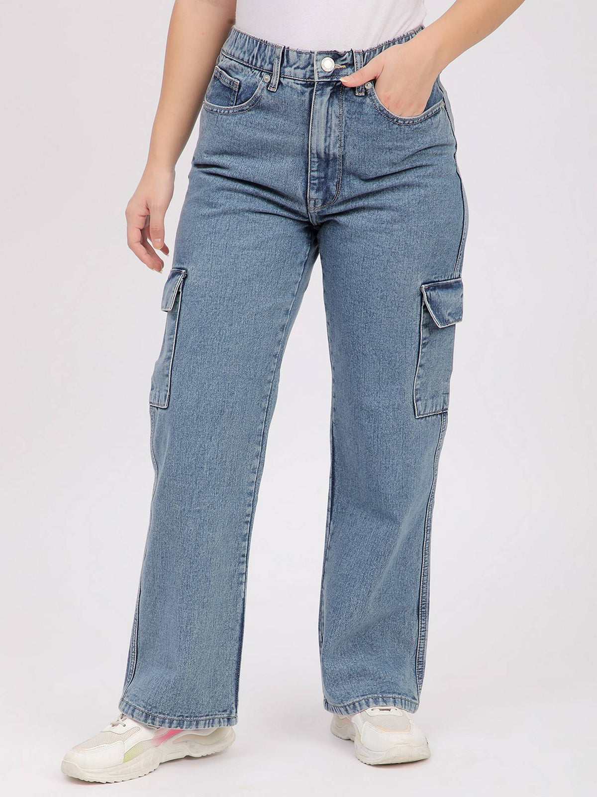 Women Blue Cotton Solid Wide Leg Mid Waist Jeans | BG78 - view 1