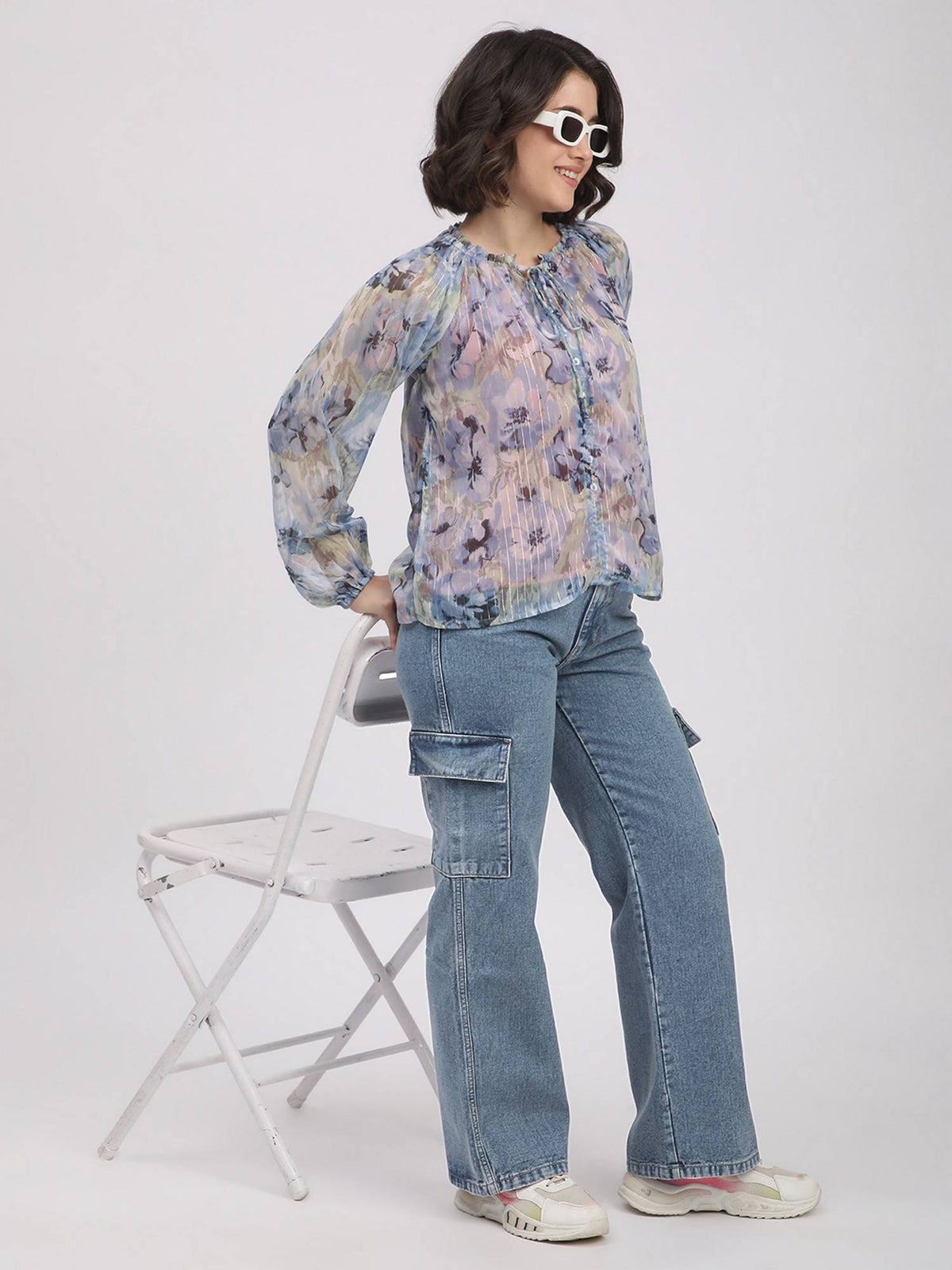 Women Blue Cotton Solid Wide Leg Mid Waist Jeans | RF89 - view 2