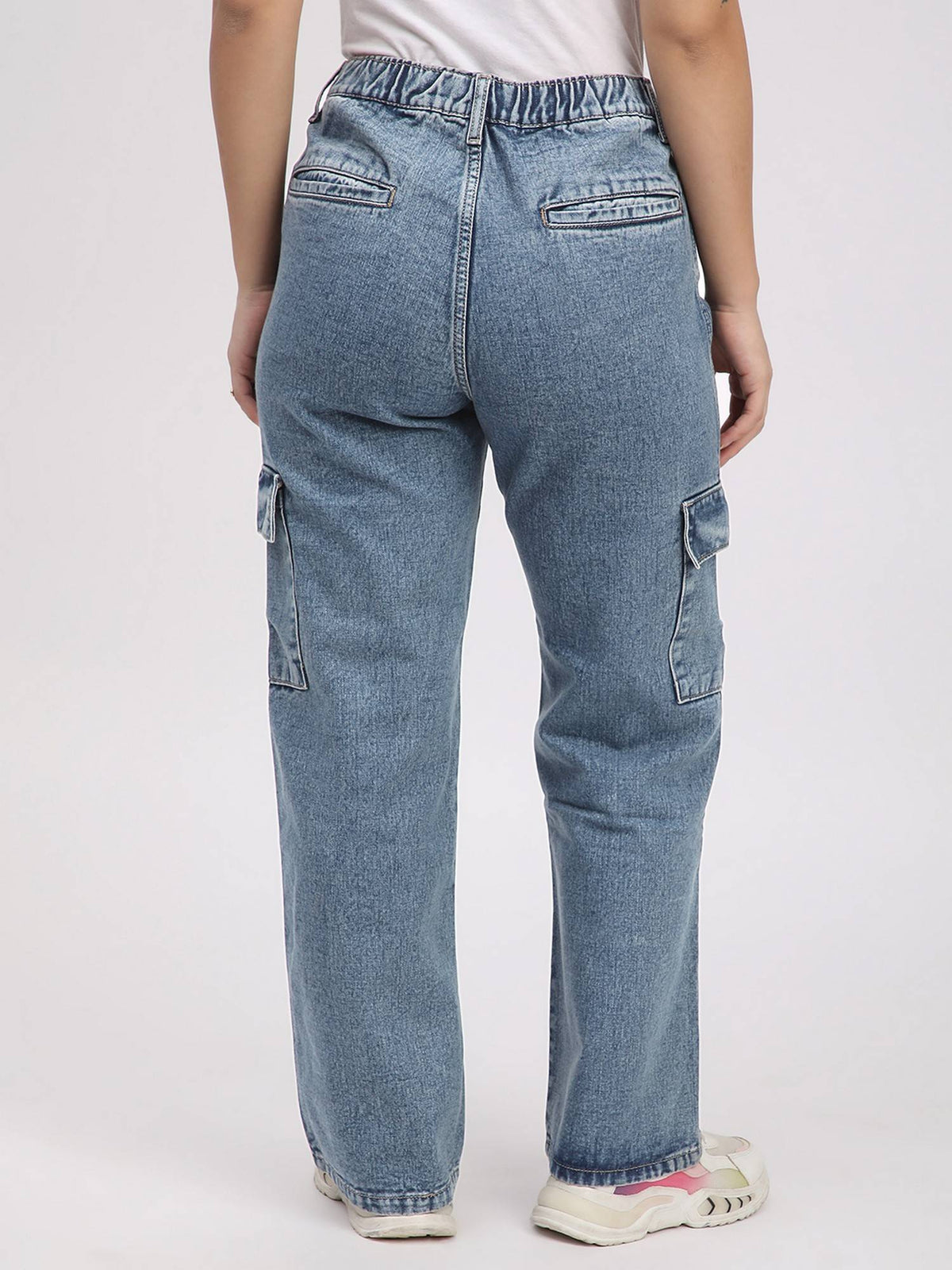 Women Blue Cotton Solid Wide Leg Mid Waist Jeans | RF89 - view 3