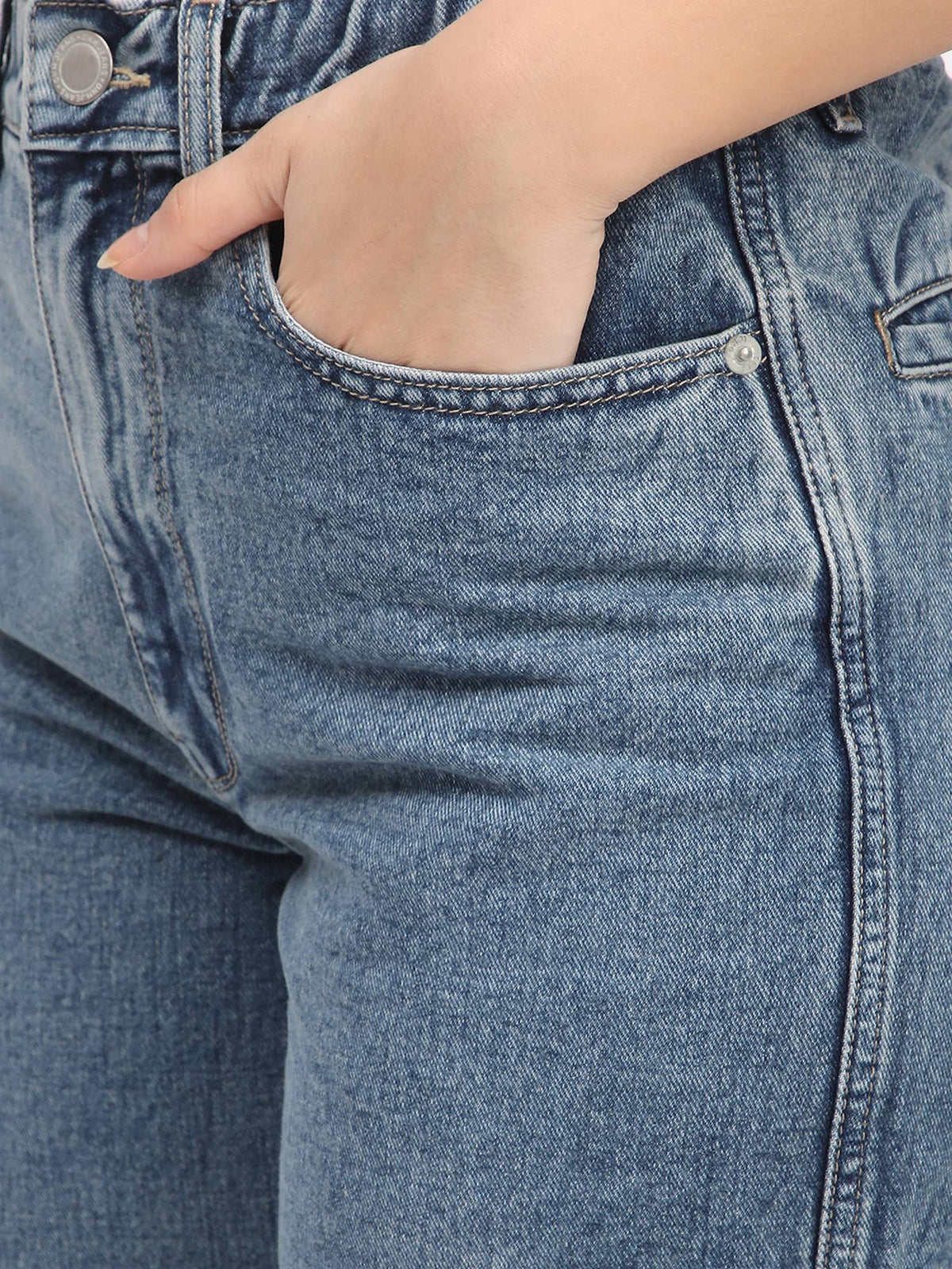 Women Blue Cotton Solid Wide Leg Mid Waist Jeans | BG78 - view 5