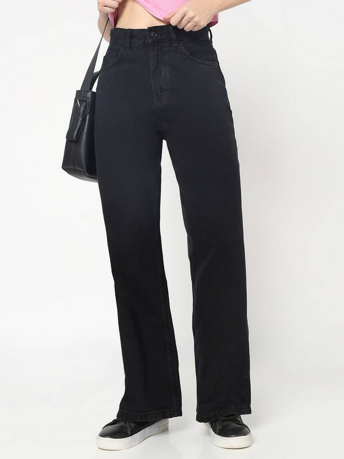 Women Black Denim Solid Straight Leg Mid Waist Jeans | ST23 - view 2