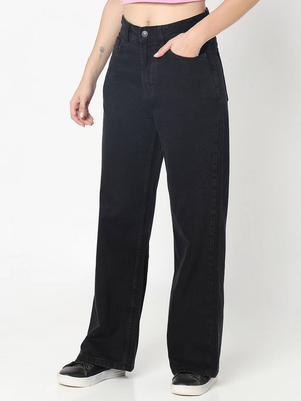 Women Black Denim Solid Straight Leg Mid Waist Jeans | ST23 - view 3