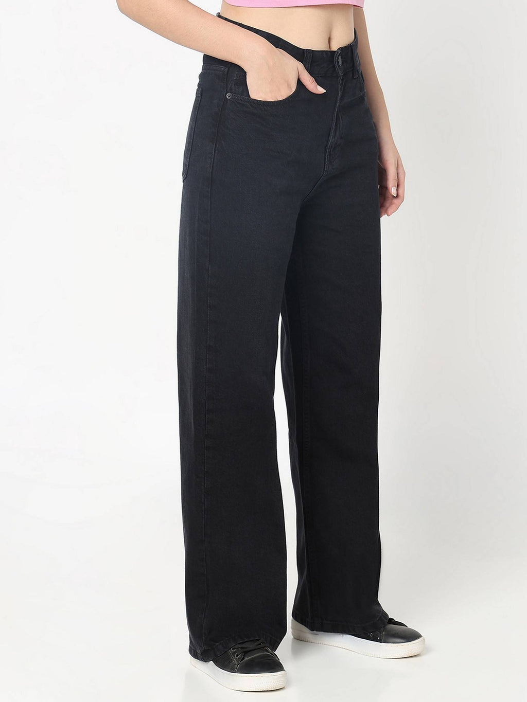Women Black Denim Solid Straight Leg Mid Waist Jeans | ST23 - view 4