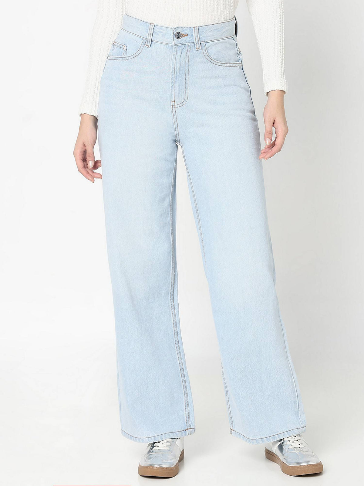 Women Blue Denim Solid Straight Leg Mid Waist Jeans | RF89 - view 1