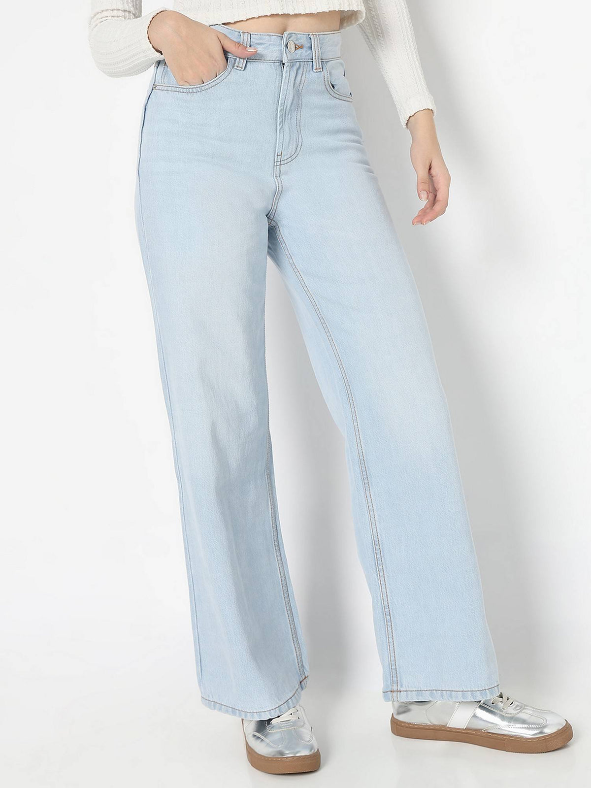 Women Blue Denim Solid Straight Leg Mid Waist Jeans | ST23 - view 2