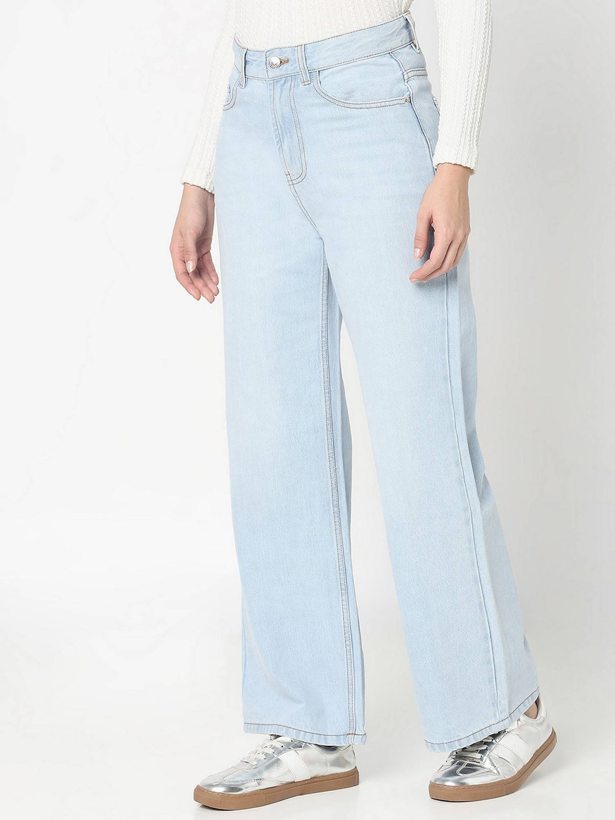 Women Blue Denim Solid Straight Leg Mid Waist Jeans | ST23 - view 3