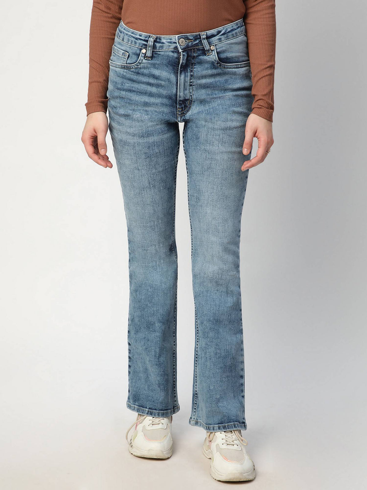 Women Blue Cotton Solid Boot Cut Leg High Waist Jeans | BT10 - view 1